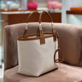 Replica Hermes Steeple 25 Canvas Leather Naturel Brown Tote Bag