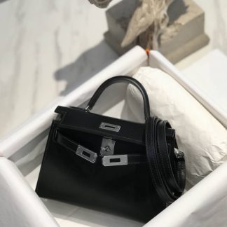 Replica Hermes Kelly Mini II Sellier Black Box Calfskin Bag