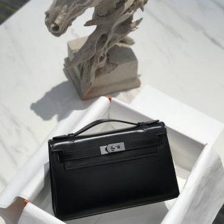 Replica Hermes Kelly Pochette Black Box Calfskin Bag
