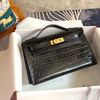 Replica Hermes Kelly Pochette Shiny Alligator Leather Bag