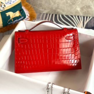 Replica Hermes Kelly Pochette Shiny Alligator Leather Bag