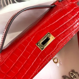 Replica Hermes Kelly Pochette Shiny Alligator Leather Bag