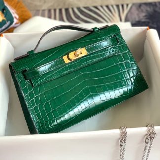 Replica Hermes Kelly Pochette Shiny Alligator Leather Bag