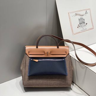 Replica Hermes Herbag Zip 31 Hunter Leather Canvas Bag