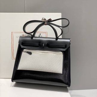 Replica Hermes Herbag Zip 31 Hunter Leather Canvas Bag