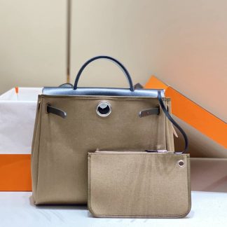 Replica Hermes Herbag Zip 31 Hunter Leather Canvas Bag