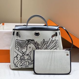 Replica Hermes Herbag Zip 31 Hunter Leather Canvas Bag