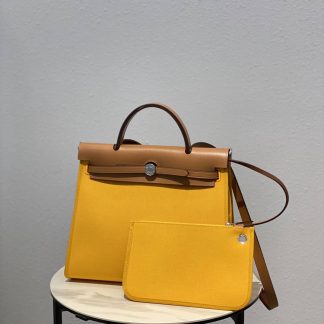 Replica Hermes Herbag Zip 31 Hunter Leather Canvas Bag