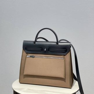 Replica Hermes Herbag Zip 31 Hunter Leather Canvas Bag