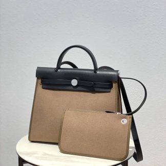 Replica Hermes Herbag Zip 31 Hunter Leather Canvas Bag